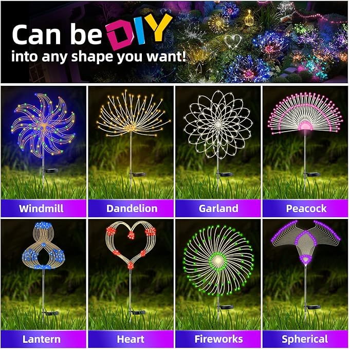 YOTOZU 4 PCS Solar Firework Light Outdoor Solar Garden Decorative Lights 120 LED Powered 40 Copper Wires String DIY Landscape Light for Walkway Pathway Backyard Decor Parties Perfect Gifts(Purple)