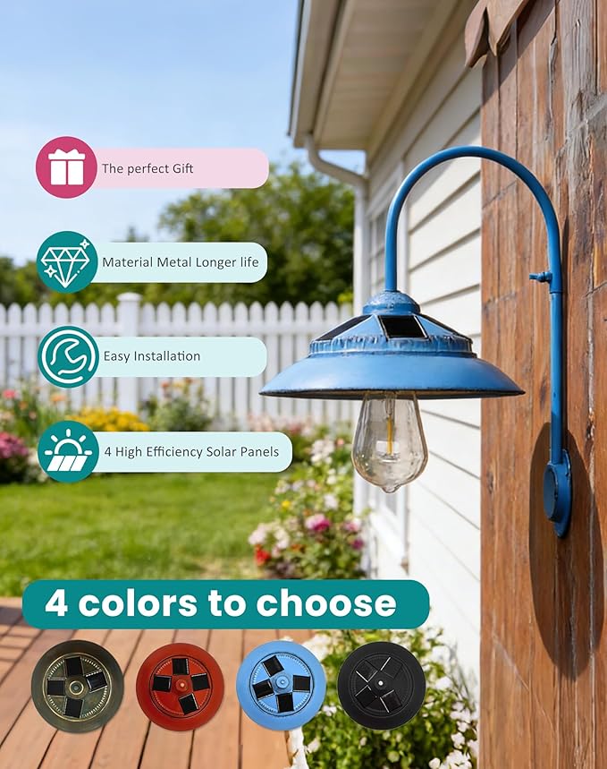 Goodeco Solar Barn Light Outdoor - Motion Sensor Rustic Vintage Gooseneck Wall Light Fixture with Clear Glass LED Edison Bulb No Wiring Ideal Gifts for Patio Porch Deck &amp More (Blue)