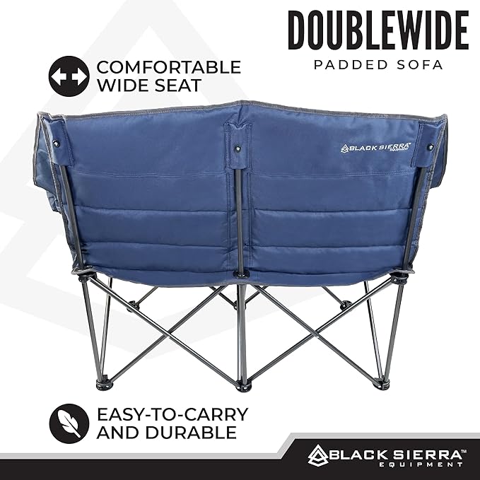 Black Sierra Double Padded Folding Camping Chair Oversized Folding Camp Sofa Portable Outdoor Loveseat Supports 500 lbs Perfect for Beach Tailgating RV Sports Patio