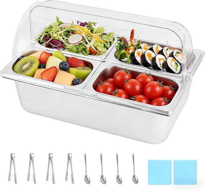 Cold Food Buffet Server 4 Pans×2.7QT with Ice Packs for Salad Pizza Sauce Colded Serving Trays Condiments Containers for Parties Buffet