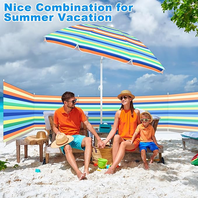 Sliner 20ft Beach Windscreen Kit with Adjustable Beach Umbrella Outdoor and Sand Anchor Wind Blocker for Sand Portable Windscreen Sunbathing Privacy Screen with Bag and Hammer Rainbow Stripe