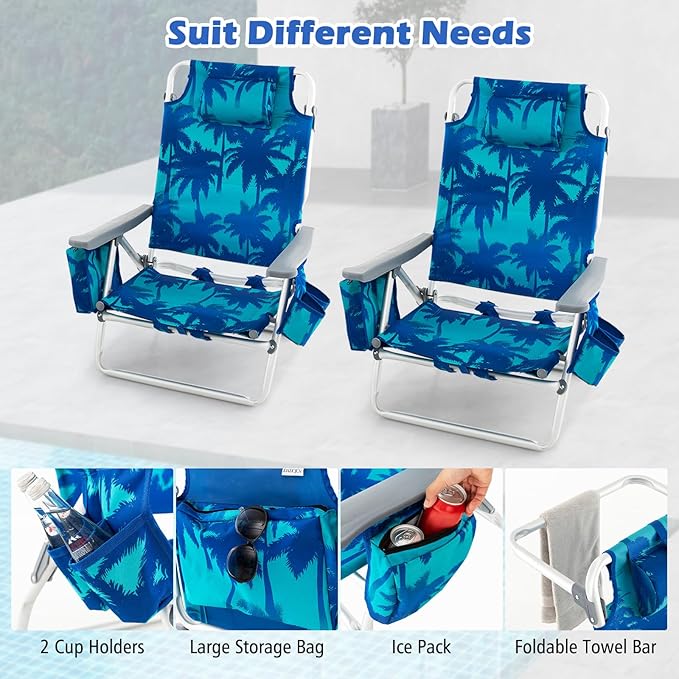 2-Pack Folding Beach Chairs Outdoor Patio Lawn Lounger with 5 Adjustable Position Cooler Pouch Headrest &amp Accessories Portable Camping Chairs for Outdoor Relaxation (1 Coconut Blue)