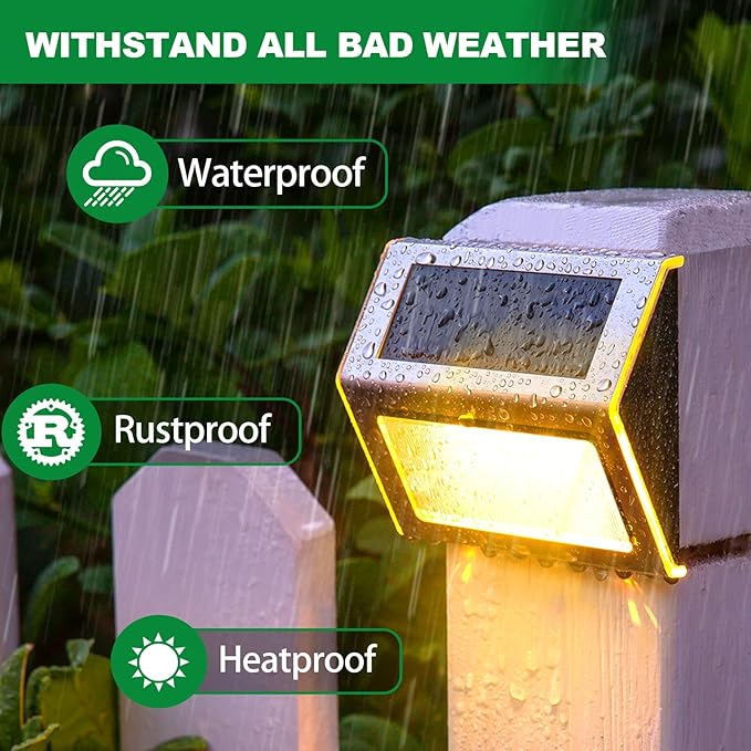 JSOT Solar Lights Outdoor for DeckWaterproof Solar Powered Steps Light Outdoor Wireless LED Lamp Fence Lighting Walkway Patio Stair Garden Path Rail Backyard Fences Post 8 Pack Warm White