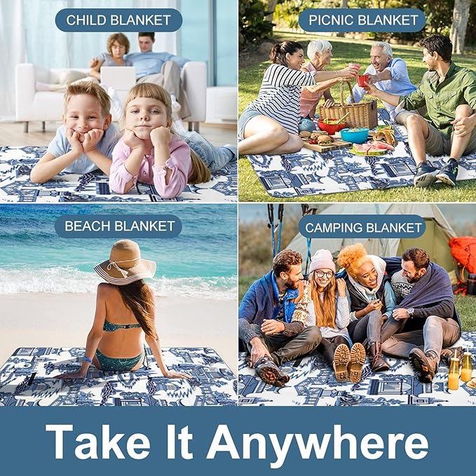 Blue and White Chinese Folk Chinoiserie Style Waterproof Outdoor Picnic Blanket Sandproof Beach Mat for Camping Hiking Grass Travelling