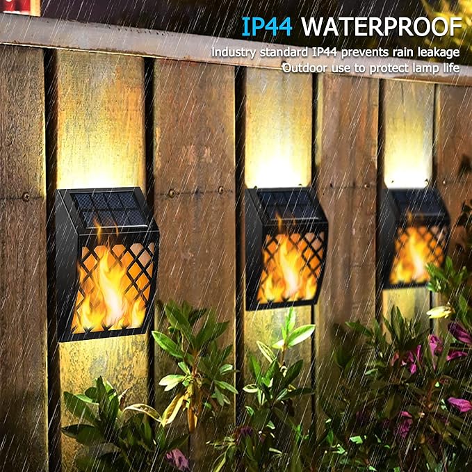 Dynaming Solar Flame Wall Lights Outdoor 8 Pack Solar Powered Wall Lights Flickering Flame Auto On/Off Wall Mounted Fence Deck Lights Lattice Decorative for Garage Garden Pathway Patio Porch Yard