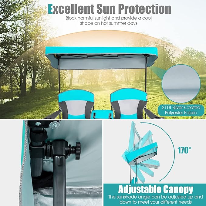 S AFSTAR Double Camping Chair w/Shade Canopy 2-Person Folding Camp and Beach Chair with Mini Table Beverage Cup Holder Carrying Bag Collapsible Camping Chairs for Garden Patio Pool Beach