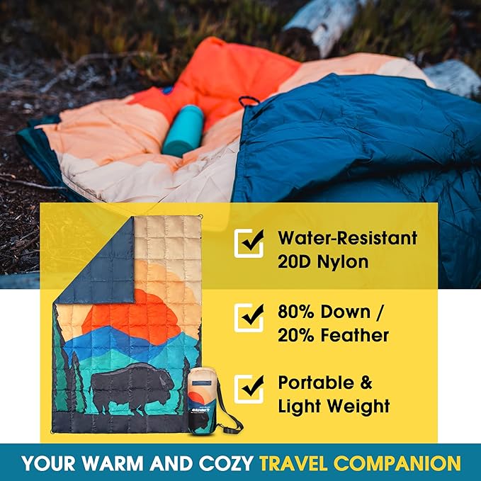 4Monster Down Camping Blanket - Outdoor Travel Quilt Puffy 650 Fill Packable LightweightWind &amp Waterproof | Ideal for Stadium BackpackingPicnics Beach and Hiking