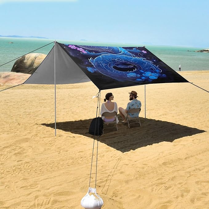 Blue Dragon Beach Tent Sun Shelter 9.2' x 10.5' Beach Canopy with 4 Sandbags 4 Stability Poles Sand Shovels - Tent Canopy for Beach Camping Fishing Picnics