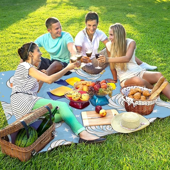 Waterproof Sandproof Beach Blanket 59''×68'' White Shells Polyester Outdoor Picnic Blanket with 4 Stakes &amp Storage Bag for BeachCampingVacation Blue