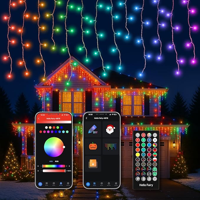 66FT Smart RGB LED Icicle Lights for Outdoor - App Controlled Waterproof Christmas Lights with Music Sync &amp DIY Color Modes for Holiday Party &amp Garden Decoration 608 LED