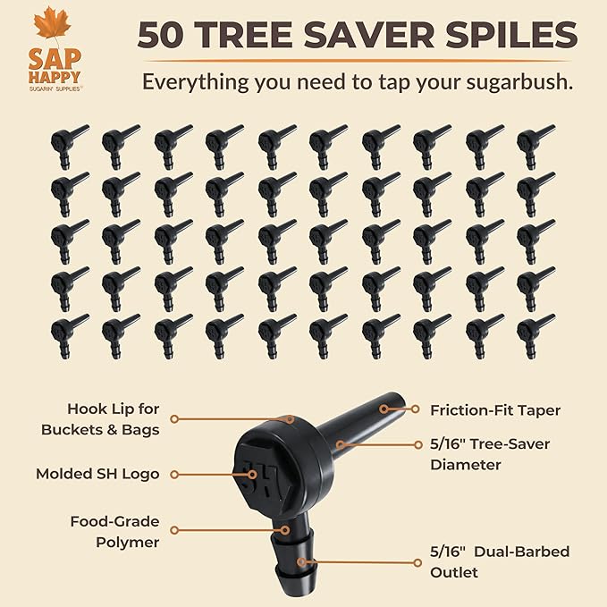 SAP HAPPY Maple Sap Spiles (50 Count) 5/16 Ecolo Taps for Maple Trees Maple Syrup Spile Tree Saver Spouts (50 Count)