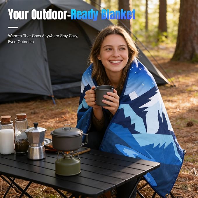 Tirrinia Waterproof Outdoor Blanket Warm Windproof Stadium Blankets with Sherpa Lining Foldable Camping Blanket Emergency Blanket with Mountain Landscape Design for Car Beach Picnic Hiking