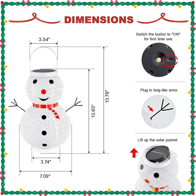 Christmas Decorations Snowman Solar Lantern - Snowman Solar Hanging Lantern Outdoor Waterproof -Metal Standing Solar Powered LED Lantern Decorative Lights for Outside Garden Yard Porch - White