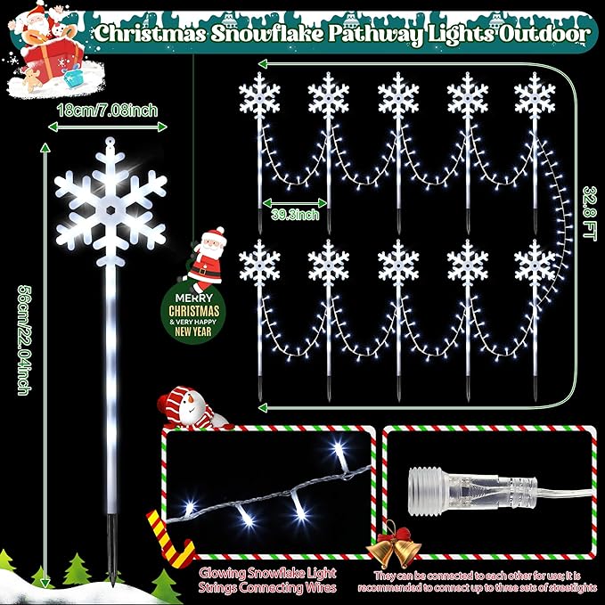 10 Pcs Christmas Snowflake Pathway Stake Lights for Outdoor Yard 370 Bright LEDs Waterproof Large Christmas Snowflake Light Decoration for Garden Lawn Driveway Walkway Decor(Cool White)