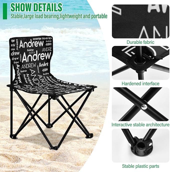 Sinestour Black Custom Folding Camping Chair for Teen Child Personalized Name 14.6×14.6in Portable Outdoor Chair with Carry Bag for Travel Barbeques Picnic