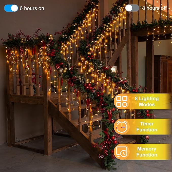 1296LED Christmas Lights with 288 Drops 131ft 8 Modes Christmas String Lights Outdoor Waterproof Christmas Decorations Fairy Lights with Timer Memory for Xmas Party Patio Window Fence Warm White