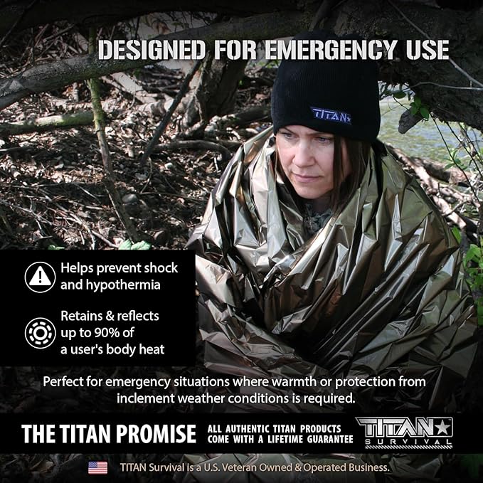 TITAN Survival Premium Mylar Survival Blankets (5 Pack) Thermal Emergency Survival Blanket for Camping Hunting Hiking - 90% Heat Retention &amp Waterproof - Portable Space Blanket w/Size Options