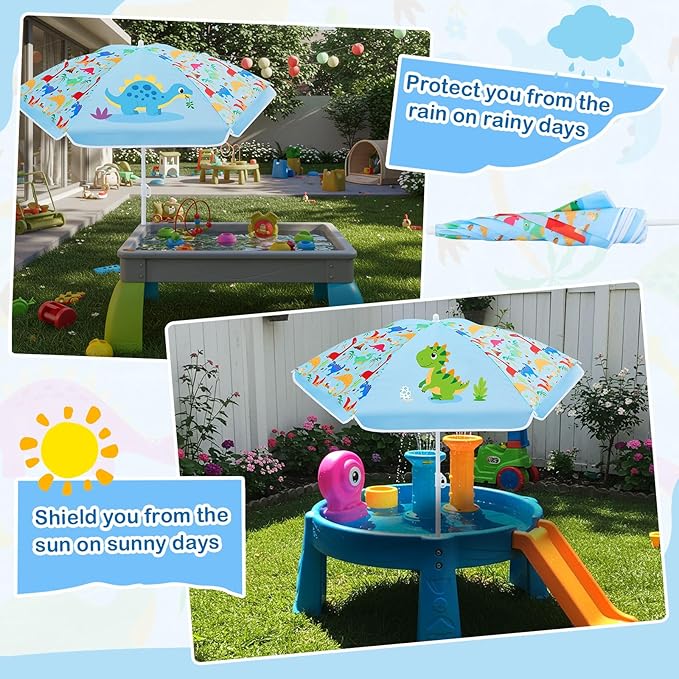 Sweetude Water Table Umbrella (Table Not Included) Kids Seaside Beach Umbrella Picnic Canopy for Summer Toddlers Sand Beach Camping Garden Outdoor Pool Shade Party Supply(Dinosaur Theme)