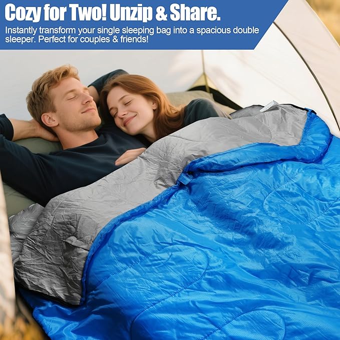 2-in-1 Detachable Sleeping BagWaterproof 4-Season Adult Sleeping Bags w/Removable Cotton Liner – Converts to 2 Lightweight Bags for Camping Hiking Travel