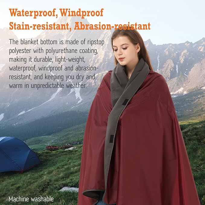 4-in-1 Large Camping Blankets - Waterproof Windproof Fleece Outdoor Blankets for Stadium Sports Car Concert - 81x57 Portable (Antique Ruby)