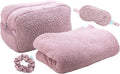 Bliss Womens Travel Blanket Set - 4 Piece Plush Microfiber Packable Travel Blanket with Relaxing Sleep Mask Carry On Case and Satin Hair Tie Pink Gaze