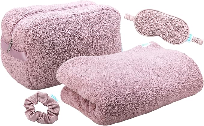 Bliss Womens Travel Blanket Set - 4 Piece Plush Microfiber Packable Travel Blanket with Relaxing Sleep Mask Carry On Case and Satin Hair Tie Pink Gaze