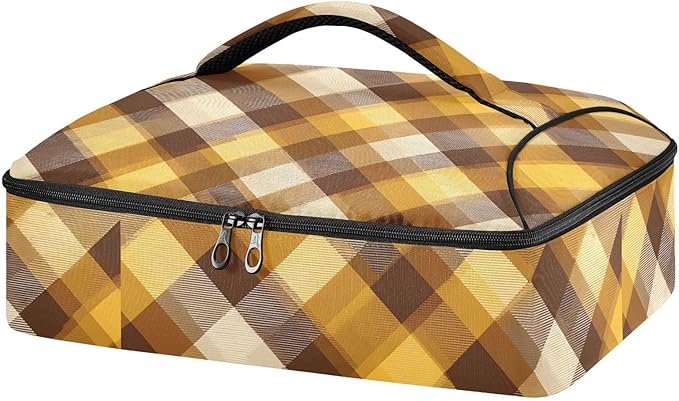 Casserole Carrier Yellow Brown Plaid Insulated Casserole Carrier for Hot or Cold Food Thermal Lunch Tote for Parties Picnic Travel Carry Bag