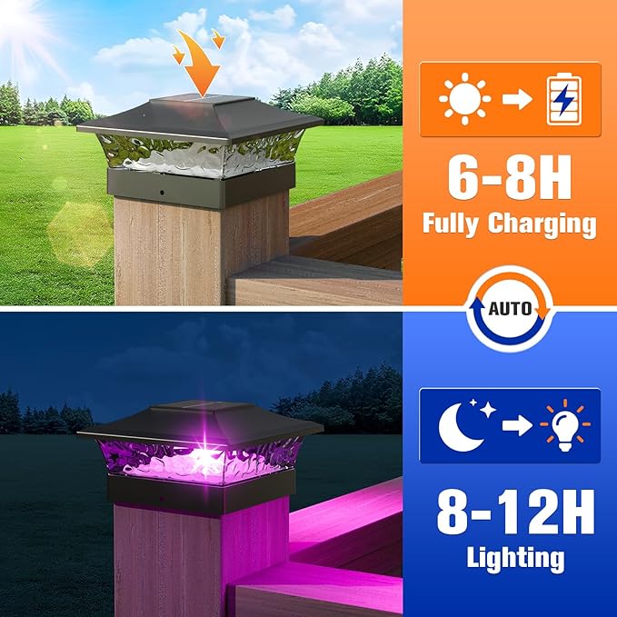 APONUO Solar Post Cap Lights with 8 RGB Solid Colors &amp Multicolor Flow - 8 Pack 6x6 Post Cap Solar Light IP65 Waterproof - Fits 4x4 5x5 6x6 Wood &amp Vinyl Posts - Black