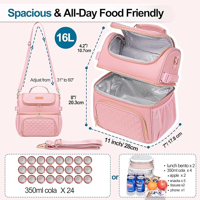 Lunch Bags for Women Dual Compartment Lunch Box Lunch Bag for Work Leakproof Lunch Cooler Large Insulated Lunchbox for Adult for Women Men Lunchbag for Picnic Beach (Pink)