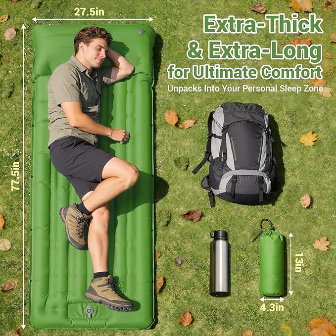 Sleeping Pad for Camping 4.7 Thick Inflatable Sleeping Mat with 8 in Pillows &amp Built-in Foot Pump Self Inflating Air Mattress Mat for Tent Hiking Essentials Gear