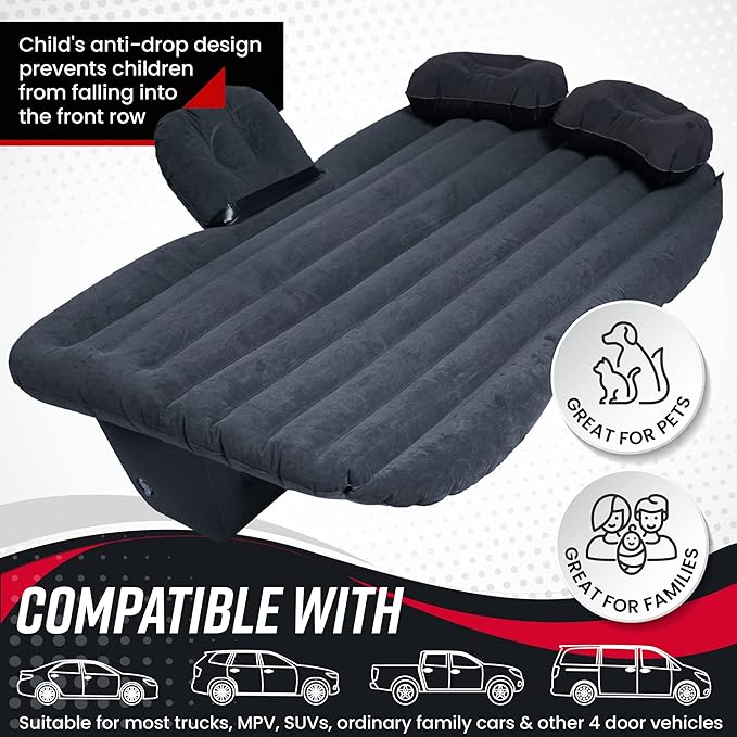 VaygWay Inflatable Car Air Mattress – Air Bed w/Pump Kit –Back Seat – Camping Vacation Blow up Bed Cushion - Sleeping Pad w/ 2 Pillows (Inflatable Car Mattress Neck Pillow Ear Plugs Eye Shields)