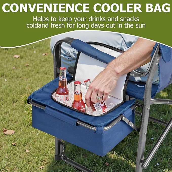 Camping Directors Chairs for Adults Heavy Duty with Table and Cooler Bag Oversized Portable Folding Chair for Beach Fishing Trip Picnic(Breathable Comfort Cushion Blue)