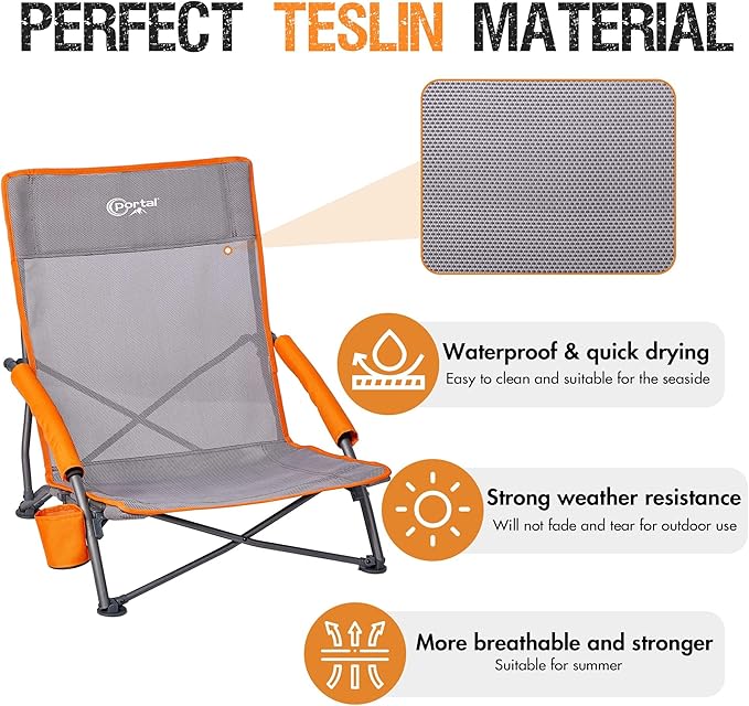 Portal Beach Chairs for Adults Camping Low Lightweight Portable Chair with Cup Holder Mesh Back Carry Bag for Outdoor Sand Lawn Travel Picnic Festival Concert