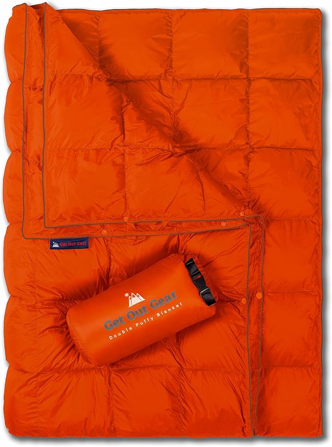 Get Out Gear Double Puffy Camping Blanket - Extra Puffy Packable Lightweight and Warm | Ideal for Outdoors Travel Stadium Festivals Beach Hammock | Water-Resistant Camp Quilt (Orange/Gray)