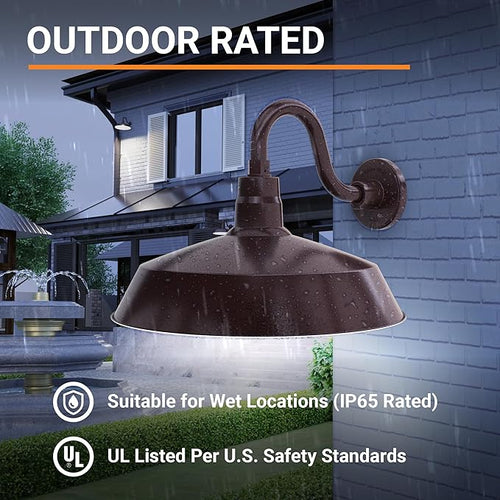 17in. Architectural Bronze Outdoor Gooseneck Barn Light Fixture With 10in. Long Extension Arm - Wall Sconce Farmhouse Vintage Antique Style - UL Listed - 9W 900lm A19 LED Bulb (5000K Cool White)