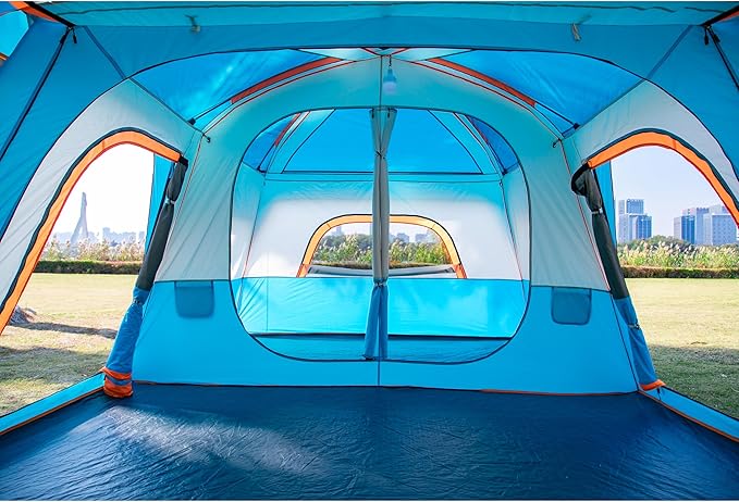 KTT Extra Large Tent 10-12-14 Person(Style-B)Family Cabin Tents2 Rooms3 Doors and 3 Windows with MeshStraight WallWaterproofDouble LayerBig Tent for OutdoorPicnicCampingFamily Gathering