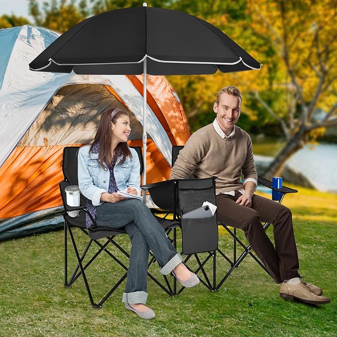Double Camping Chair 2-Person Portable Beach Chair w/Removable Umbrella Cup Holders &amp Carrying Bag Folding Loveseat Chairs for Adults Outdoor Picnic (Black)