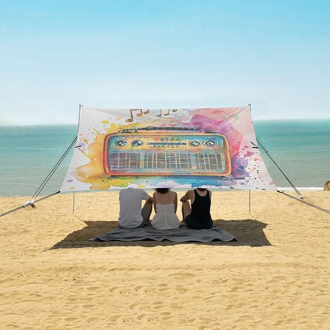 ALAZA Music Note Rainbow Radio Beach Tent Sun Shelter UPF50+ Protection Beach Shade Canopy w/ 4 Sandbags for Outdoor Camping Fishing Backyard Fun Picnic 10x9 ft