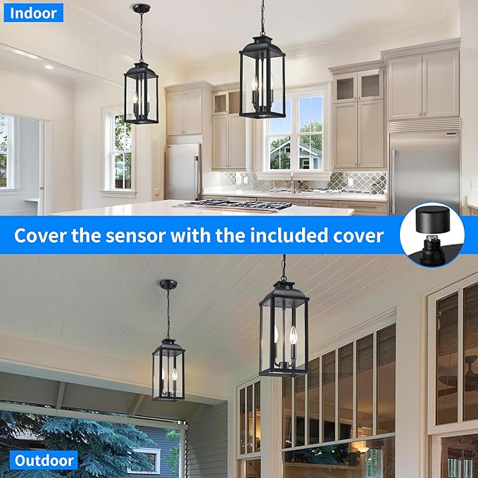 Large Outdoor Pendant Light 2-Light 15.8 Dusk to Dawn Exterior Hanging Lights Fixture with Clear Glass Modern Black Outdoor Chandelier for Gazebo Porch Patio Front Door