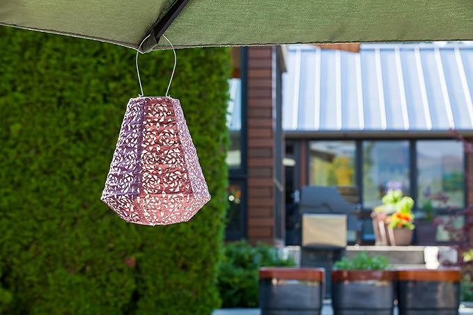 Allsop Soji Stella Prism Solar Lantern 11 LED Outdoor Light Handmade with Weather-Resistant UV Treated Fabric Stainless Steel Hardware Auto Sensor on/Off for Patio Deck Garden