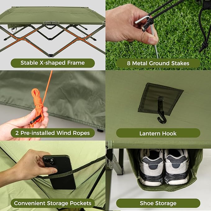 GYMAX 2-Person Camping Cot Tent Foldable Off-Ground Cot Bed Combo with Portable Wheeled Bag Waterproof Rainfly 2 Mesh Doors &amp Skylight Roof for Adults Hiking Backpacking Outdoor