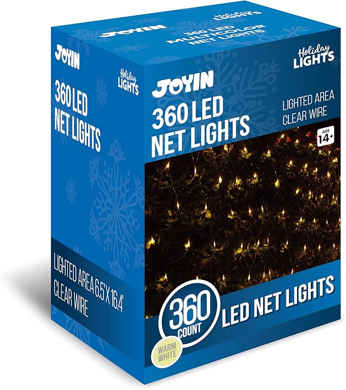 JOYIN 360 LED Christmas Net Lights 16.4X 6.5FT Christmas Mesh Lights with 8 Modes Connectable Waterproof for Bushes Trees Yard Indoor Outdoor Xmas Decorations (Warm White)