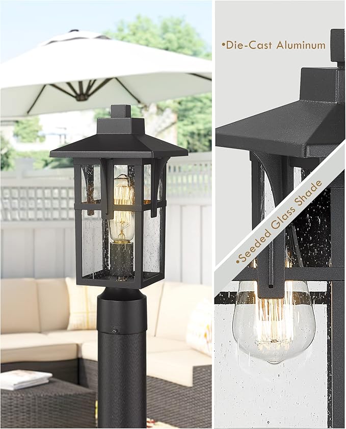 Outdoor Post Light Fixtures HWH Exterior Pillar Light 2 Pack Industrial Pole Lamp in Matte Black Finish with Seeded Glass 5HX62P-2PK BK