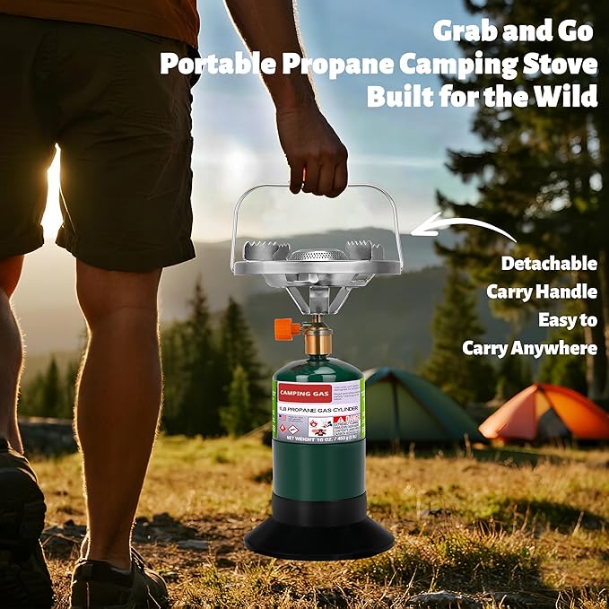 Propane Camping Stove Portable Backpacking Stove with Adjustable Burner Stable Camp Gas Stove for Outdoor Cooking Single Burner Propane Stove for Hiking Tailgating Grilling (Fuel not Included)