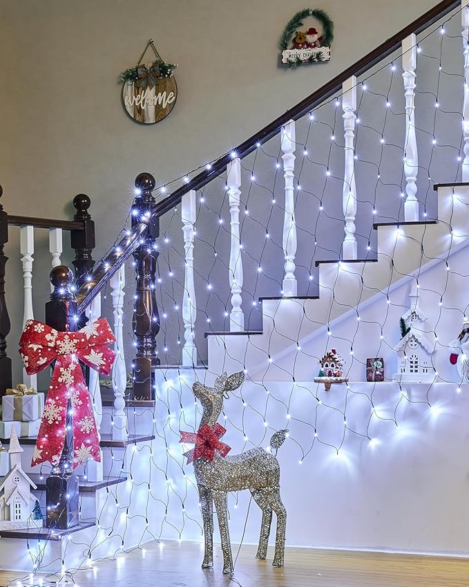 4 Pack 12 x 5FT 360 LED Christmas Net Lights Outdoor for bushes Waterproof IP65 12 Modes Connectable Extendable Bush Net Christmas Lights Outdoor Mesh Light for Bushes Tree Yard Garden White