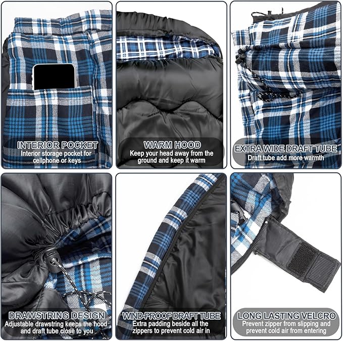 0 Degree Flannel Double Sleeping Bag for Adults Couples or Family - Winter Queen Size Waterproof &amp Warm 2-Person Sleeping Bag for Cold Weather Camping RV Travel