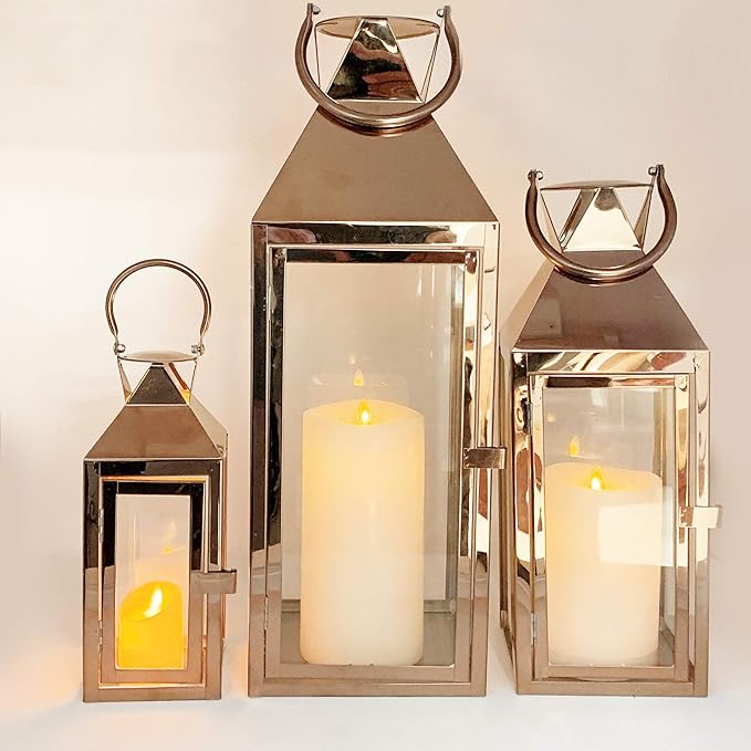Allgala 3-PC Lantern Set 24 Inch Jumbo Deluxe Modern Indoor/Outdoor Candle Lantern Set Rose Gold Stainless Steel Frame Tempered Glass Pyramid Top for Garden Poolside Fireplace Wedding