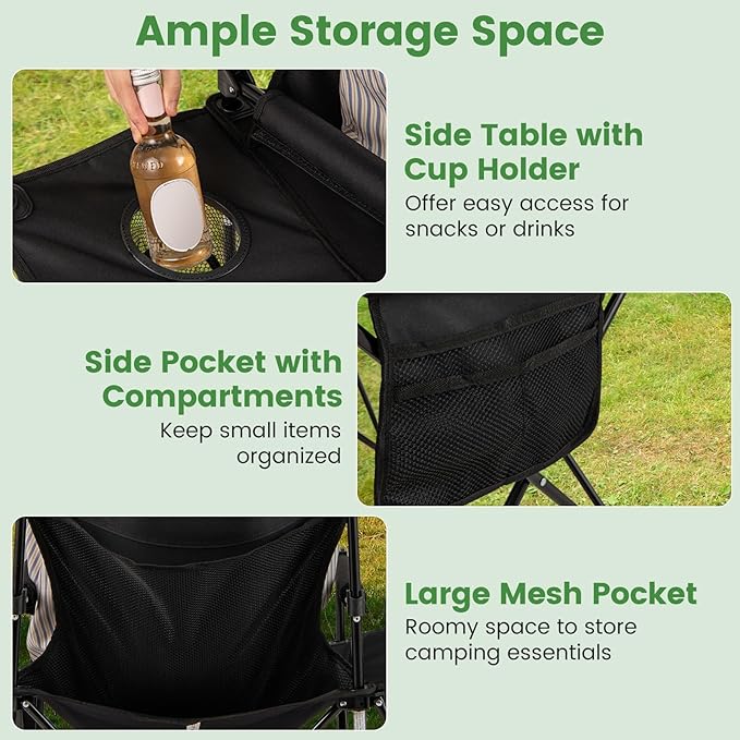 Goplus Oversized Camping Chair with Side Table Folding Heavy-Duty Picnic Chair w/ 2 Storage Pockets Cup Holder Padded Armrests Carrying Bag Portable Outdoor Chair for Fishing RV Trip (Black1)