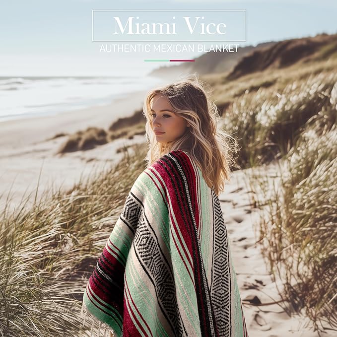 Hydration Nation Authentic Large Handwoven Mexican Blanket - Soft Yoga- Durable Serape- Lightweight Falsa Beach Camping Picnic Outdoor Blanket 70x50 - Miami Vice