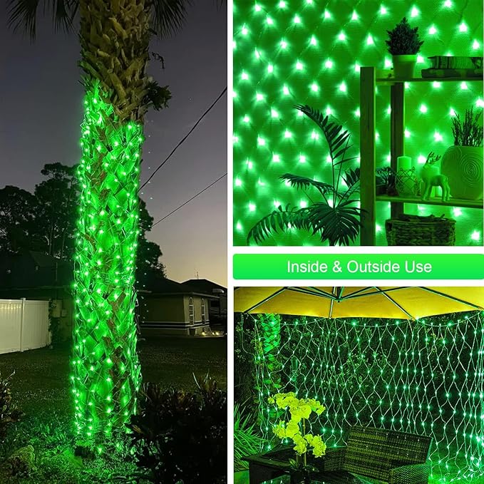 JMEXSUSS Green Christmas Net Lights 360 LED 12ft x 5ft Bush Lights Outdoor Plug in 8 Modes with Remote Connectable for Christmas Patrick Day Decorations Clear Wire